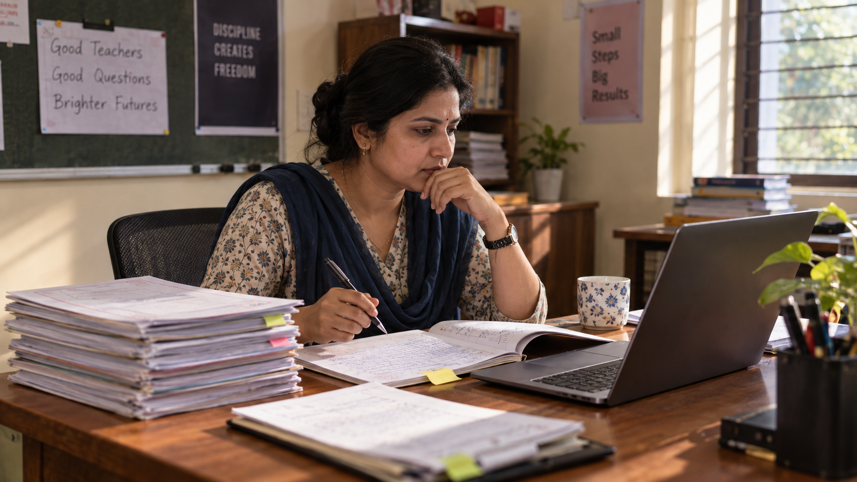 A teacher reviews a small set of flagged answer booklets at her desk, with a laptop open beside her